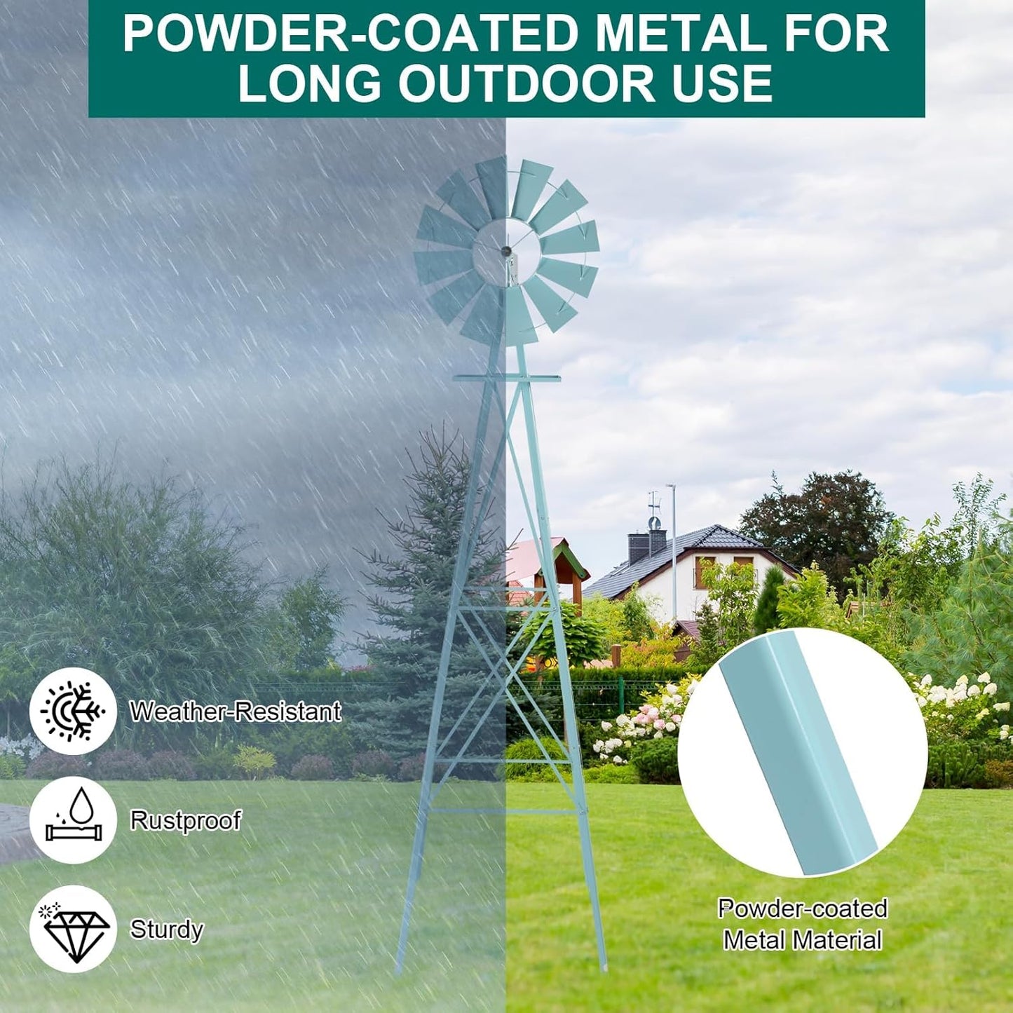 8FT Windmill for Yard Garden Decoration with Weather Vanes，Heavy Duty Outdoor Wind Mills, Large Metal Outdoor Windmill,Weather Resistant,Blue