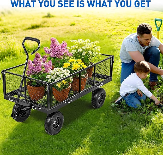 Yesker Steel Garden Carts - 1100lbs Dump Wagon with All Terrain Inflatable Wheels for Yard Lawn Farms Gardening - Heavy Duty Utility Outdoor Hauling Wheelbarrow