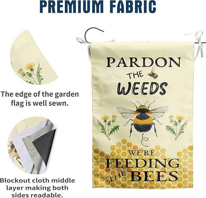 Summer Bee Garden Flag Pardon the Weeds We are Feeding the Bees Yard Sign Outdoor Decor No Mow Spring Flags for Outside 12x18 Double Sided