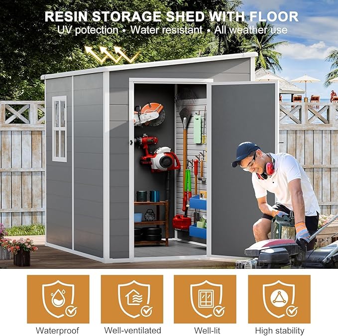 Resin Storage Shed 5 x 4 FT: Outdoor Resin Sheds with Floor, Plastic Waterproof Patio Outdoor Storage Shed with Lockable Door & Windows,Tool Sshed Storage for Garden Backyard Patio Lawn, Gray