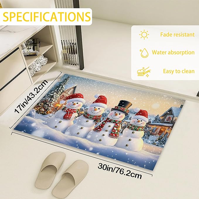 Welcome Mat Indoor,Winter Snowman Family Front Door Mat,Christmas Tree Entryway Rug for Porch Patio Non-Slip Outdoor Entry Doormat for Back Door Outside Entrance Hallways,30 x 17 Inch