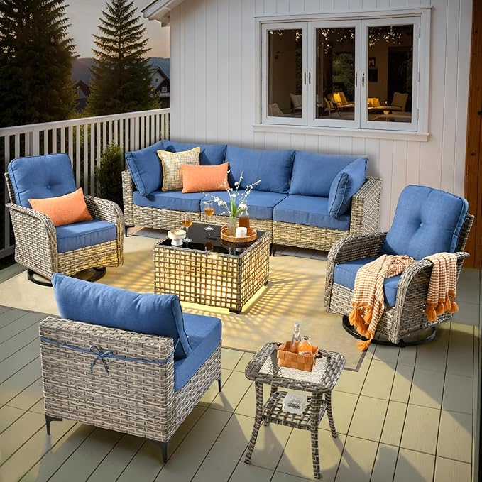 HOOOWOOO Outdoor Patio Furniture Set,8 Pieces Wicker Out Door Sectional Furniture L Shaped Couch,Patio Conversation Sets with Swivel Rocking Chair LED Table,Denim Blue