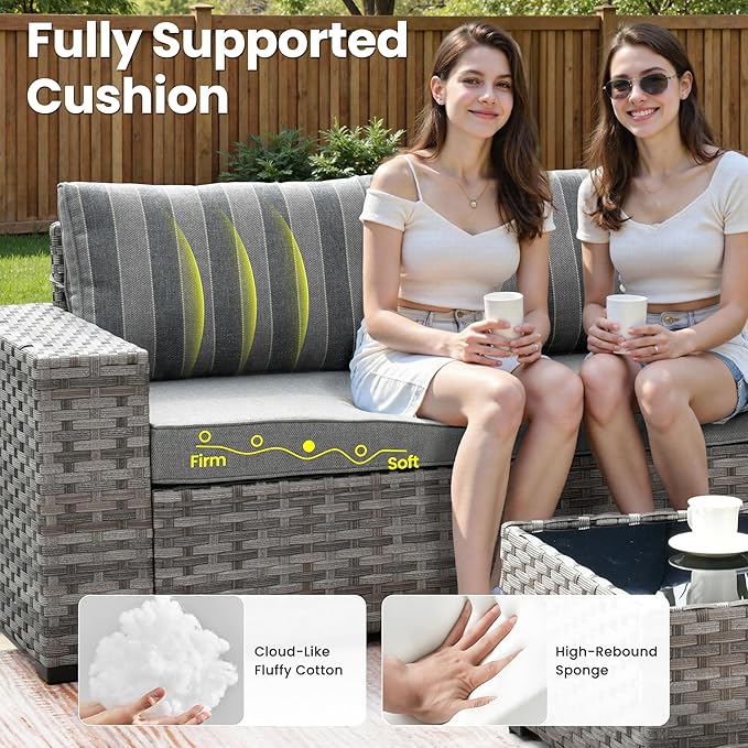 ovios 12 Pieces Patio Furniture Set, Outdoor Wicker Sectional Sofa with Glass Table Comfy Cushions, Modern Modular Deep Seat Couch Rattan Conversation Set, Dark Gray Stripe