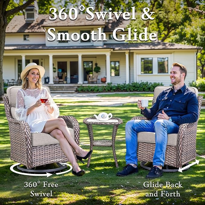 Luxury Outdoor Swivel Rocker Patio Chairs, High Back Swivel Patio Chairs with Side Table & 6-Inch Thick Cushions, Wicker Outdoor Bistro Set for Porch, Yard, Deck, Poolside, Brown/Beige