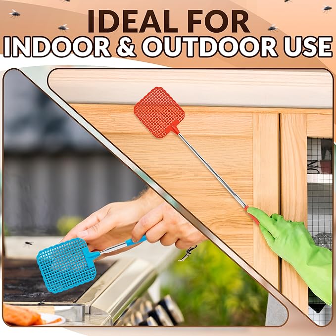 3 Pcs Fly Swatter for Indoors – 28.6" Telescoping Handle, Stainless Steel, Flexible Bug & Mosquitoes Fly Swatters, Bright Colors FlySwatter Heavy Duty for Kitchen & Home