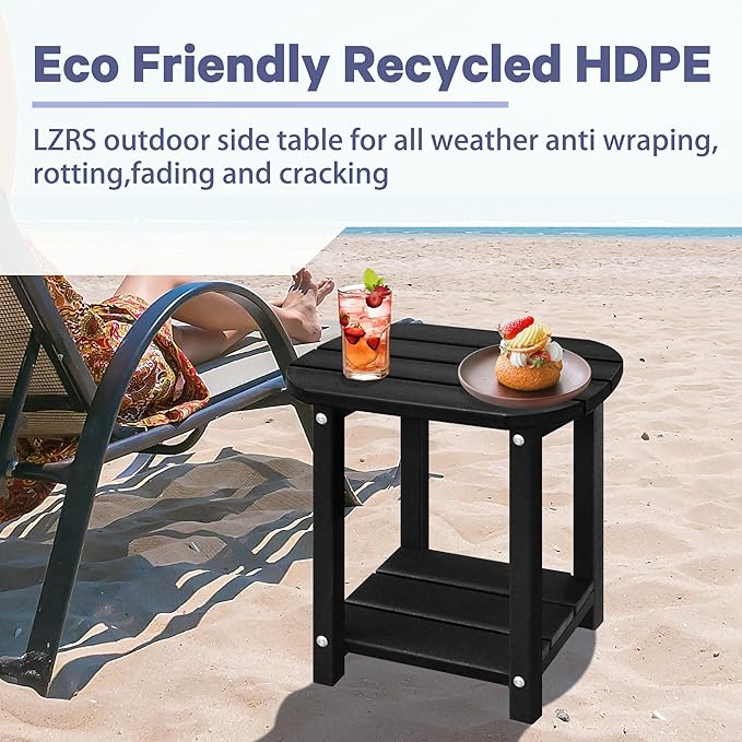 LZRS Outdoor Side Table - 2-Tier Adirondack HDPE Patio End Table for Pool, Porch,Balcony & Backyard,Weather Resistance for Indoor and Outdoor use(Black)