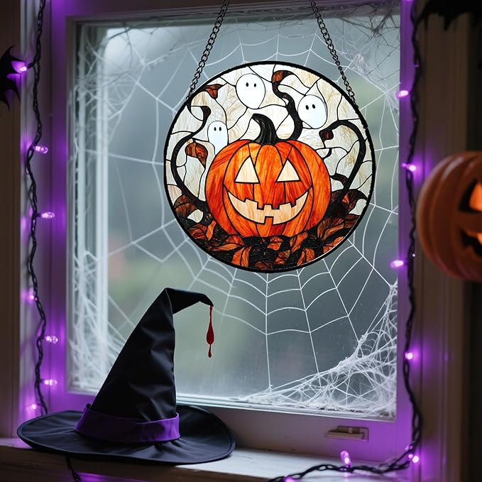 Stained Glass Window Hanging - Halloween Decorations Pumpkin Ghost Suncatcher for Doors Garden Indoor Spooky Funny Orange Sun Catchers Gothic Decor Horror Gifts for Women Men Friend 7.8 in