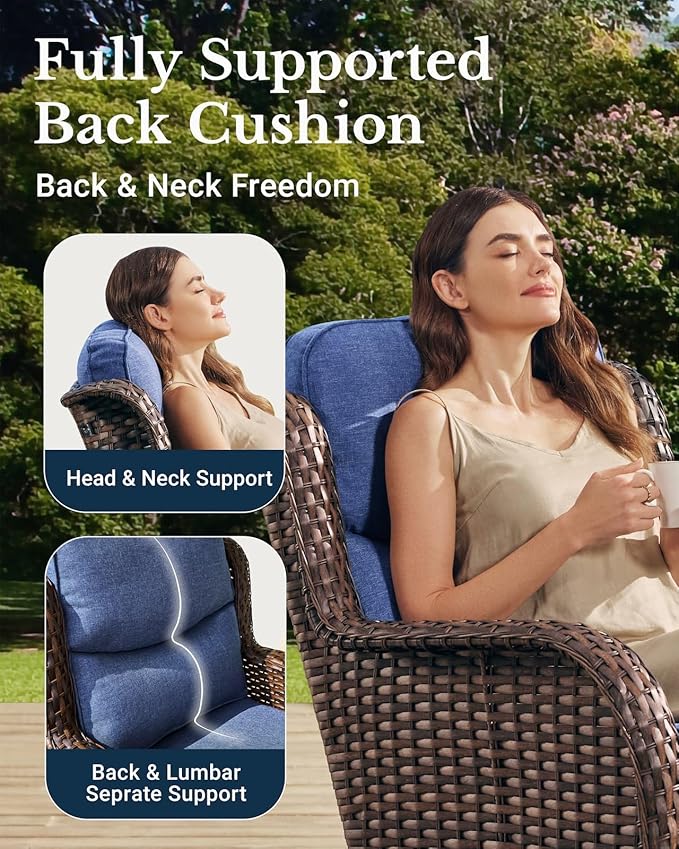 HILLGA Luxury Outdoor Swivel Rocker Patio Chairs of 2 with 6 Inch Thick Cushions and Side Table, Swivel Outdoor Chairs 5PCS High Back Wicker Patio Furniture Set for Porch, Balcony, Deck in Blue