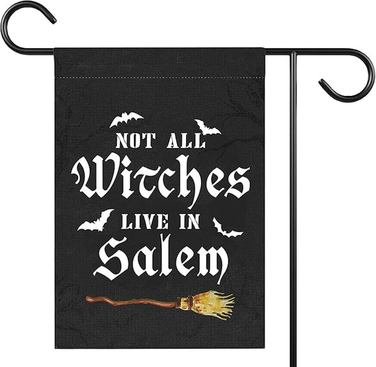 Not All Witches Live In Salem Broom Halloween Garden Flag for Outside, 12x18 Inch Double Sided Halloween Yard Flag, Farmhouse Small Yard Flags for Outdoor Decorations, Holiday Decor Gifts-A13