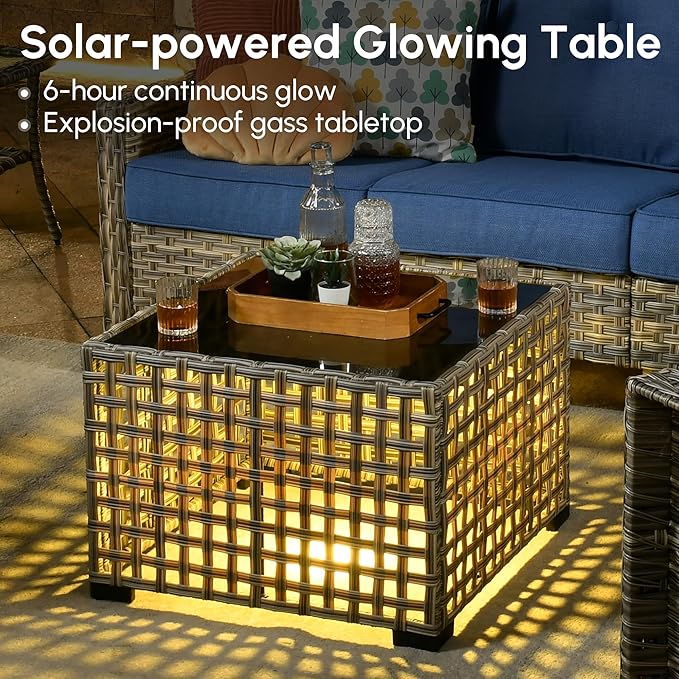 4 Pieces Patio Outdoor Furniture Set,All Weather Wicker Rattan Patio Seating Sofa and Chair Set w/ 3-Seater Sofa and Glowing Coffee Table,Outdoor Conversation Sets for Deck Yard Garden,Blue