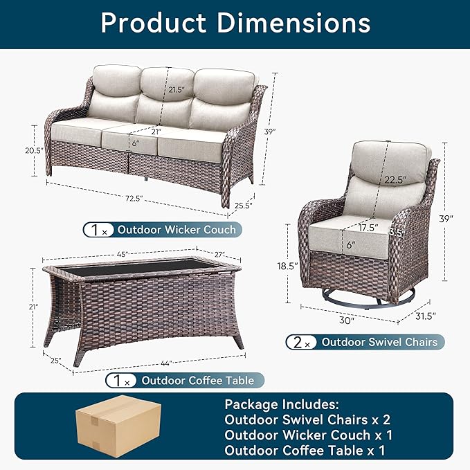 Luxury High Back Outdoor Furniture with 6-Inch Thick Cushions, Patio Furniture Set with Swivel Chairs, 4 PCS Wicker Conversation Set for Porch, Balcony, Deck and Yard