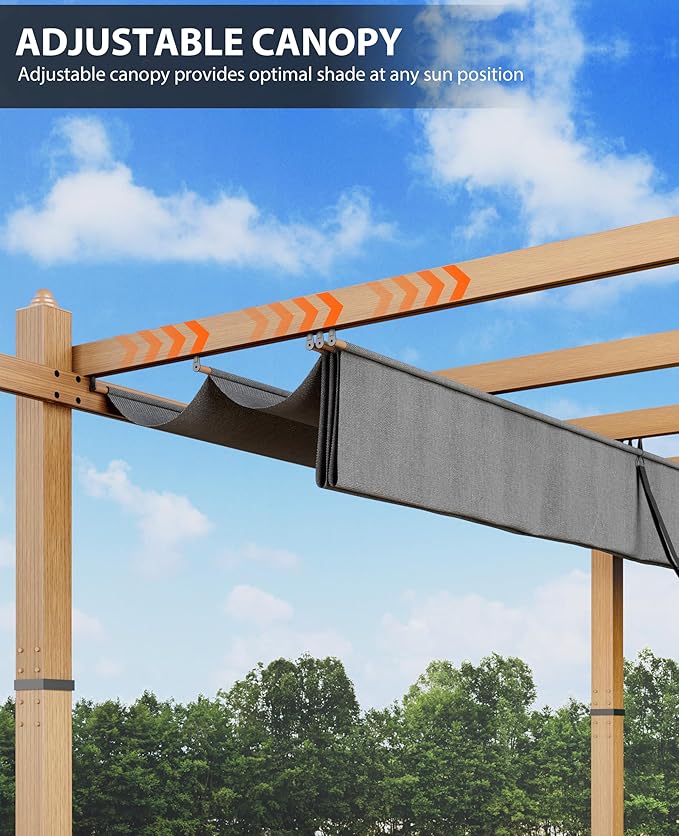 10x10 Ft Outdoor Retractable Pergola with Adjustable Roof Modern Metal Patio Gazebo, Upgraded Faux Wood Grain Aluminum Pergola for Deck, Backyard Gardens, Porches, Grapevines, Grey