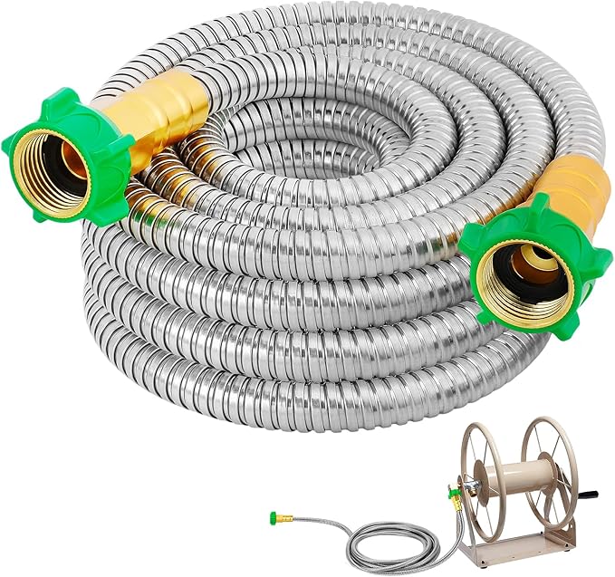 Female to Female Leader Hose for Hoses Reel, 15ft Metal Leakproof Short Garden Hose Connector, Heavy Duty 304 Stainless Steel Flexible Water Pipe for Outdoor Garden Watering Car Pet Cleaning