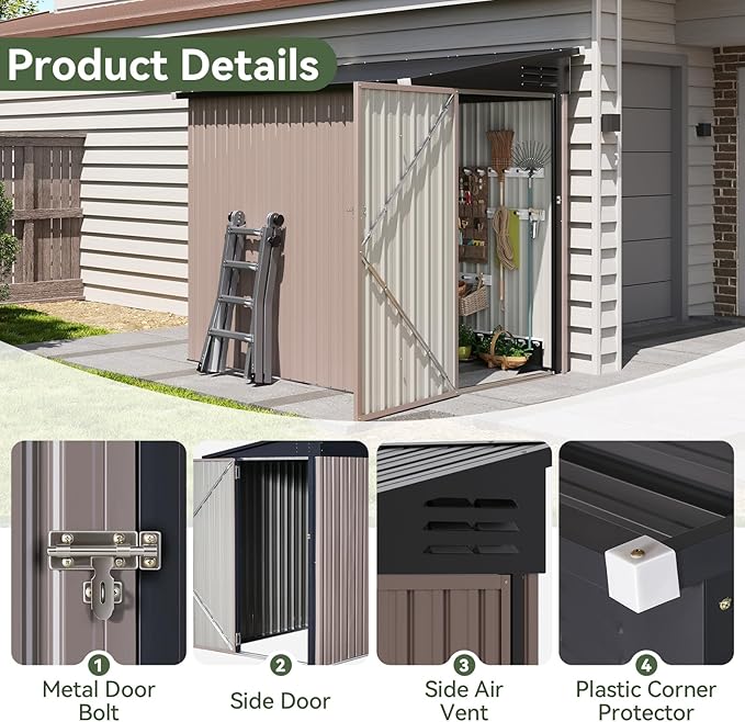 Aoxun 6' x 4' Lean to Shed Outdoor Steel Garden Utility Cabinet with Lockable Door Waterproof & Rust-Proof for Yard, Patio, Backyard (Brown, Base Included)