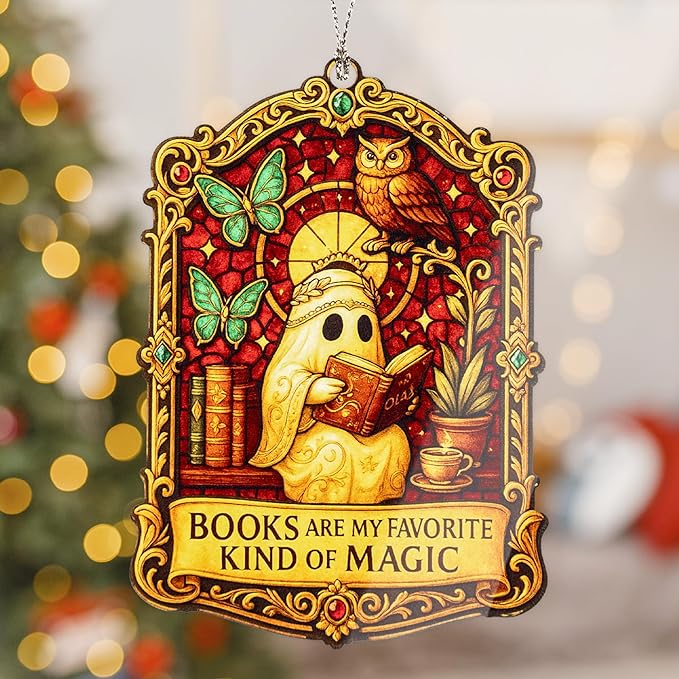 Book Lover Ghost Ornament – book lover – halloween gifts – gothic decor – christmas ornament – Suncatcher effect window hanging – Car Hanging