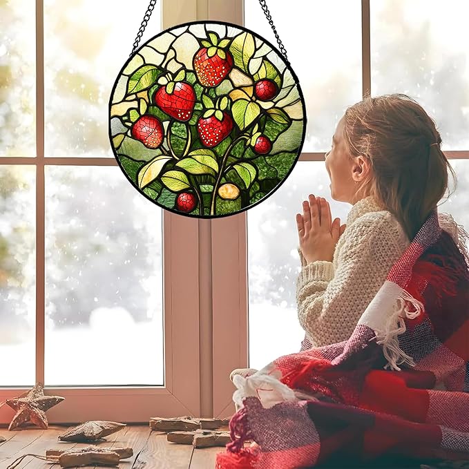 Stained Glass Window Hanging - Red Strawberry Suncatcher for Doors Window Home Green Plant Sun Catchers Decor Christmas Mother's Day Birthday Gifts for Teacher Women Men Mom Nana 11.8 in