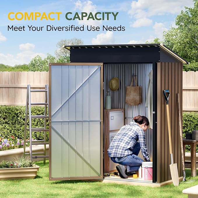 Breezz 5x3FT Vertical Outdoor Steel Storage Shed with Floor Frame, Lockable Doors, Compact Metal Tool Shed for Garden, Backyard, Patio, Utility, and Bike Storage,Brown