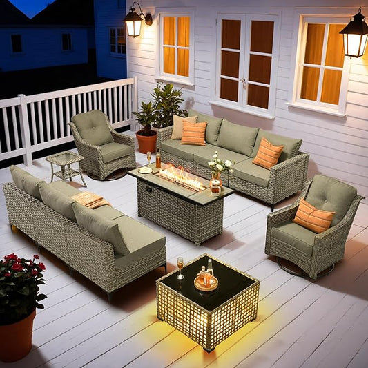 HOOOWOOO Outdoor Patio Furniture Set with Fire Pit Table,11 Pieces Wicker Out Door Sectional Furniture L Shaped Couch,Outside Patio Conversation Swivel Chair Sets,Charcoal Gray