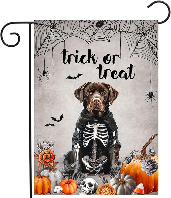 Halloween Chocolate Lab Garden Flag Trick or Treat Yard Flag Ghost Labrador Dog Garden Flags for Outside 12x18 Double Sided Mini Skeleton Halloween Decor Outdoor Lawn Welcome Flag