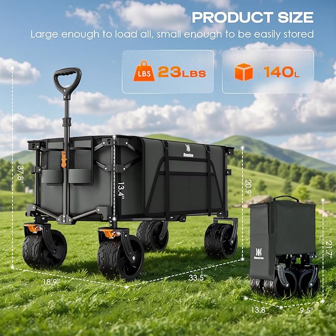 Navatiee Big Wheels Collapsible Wagon Cart Foldable, Heavy Duty Beach Wagon with Silent All-Terrain Wheels, Folding Utility Grocery Cart with Side Pocket and Brakes for Camping Garden Sports, Gray