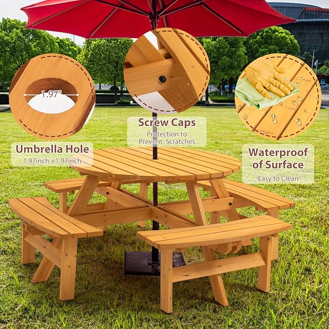 8-Person Round Wooden Picnic Table with Seat, Outdoor Camping Dining Table with 4 Built-in Benches, Natural