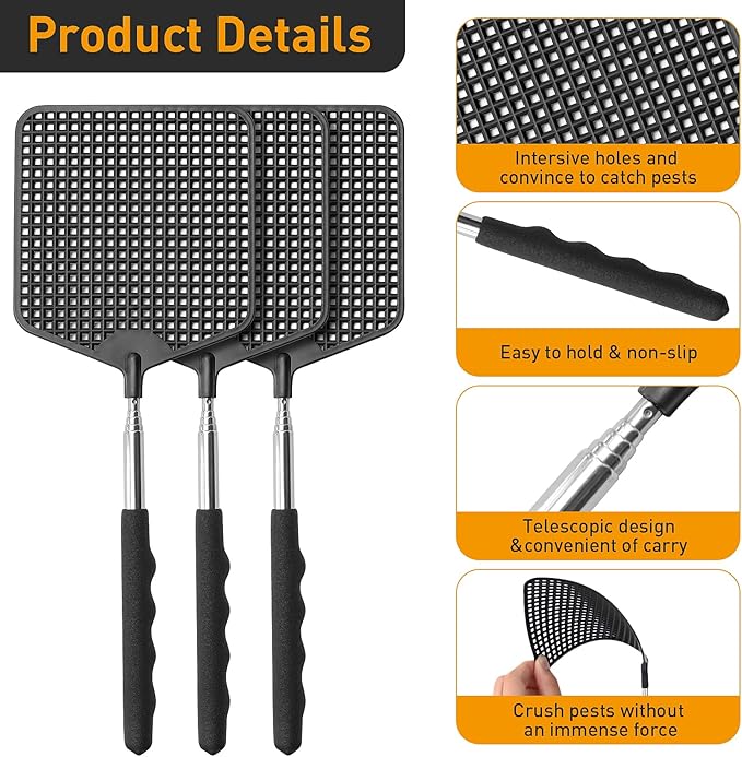 Telescopic Fly Swatter 3 Pack, Premium Plastic Fly Swatter, Flyswatters Heavy Duty, Stainless Steel Handle（Black）