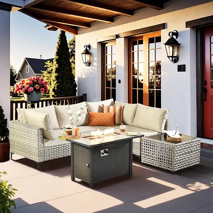 Outdoor Sectional Patio Furniture Set with Fire Pit Table and Glowing Table,6 Pieces Wicker Conversation Sets L Shaped Couch Out Door Sofa Set Outside Furniture for Garden Deck Yard,Beige