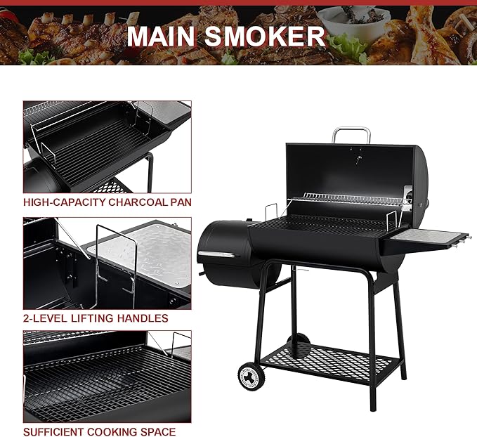 Royal Gourmet CC1830M 30 Inch Barrel Charcoal Grill with Offset Smoker & Warming Rack, Outdoor BBQ Grill with 811 Sq. In. Grilling Space for Backyard, Patio and Parties, Black