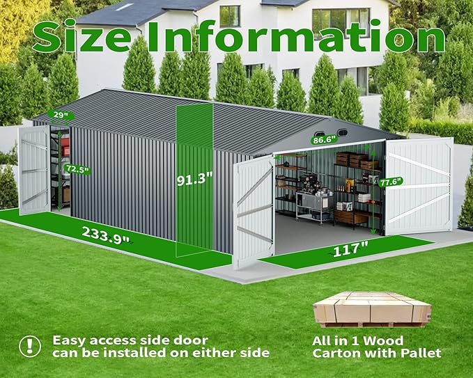20 x 10 FT Outdoor Storage Shed, Large Metal Garden Shed with 2 Lockable Doors, Tool Shed Outdoor Storage with 4 Air Vents, Garage Shed Waterproof for Car, Truck, Bike, Garbage Can, Tool, Dark Gray