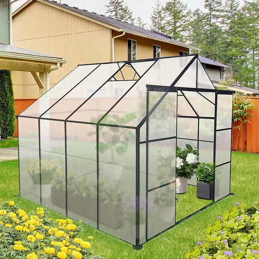 8X8 FT Greenhouses for Outdoors,Polycarbonate Greenhouse, Aluminum Heavy Duty Walk-in Green Houses, Adjustable Roof, Raised Base and Double Sliding Door for Outside Backyard, Black