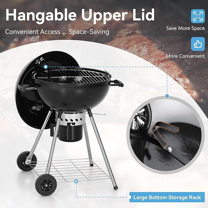 GREEN PARTY 22 inch Kettle Charcoal BBQ Grill with Wheels, Portable Charcoal Grill with Porcelain-Enameled Lid & Ash Catcher for Outdoor Cooking Barbecue Camping Picnics Tailgating, Black