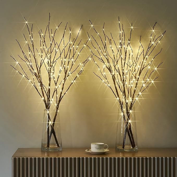 Fudios Branch Lights Plug in with Timer Willow Branches with Lights for Vase Twig 32IN 150 LED Outdoor and Indoor Holiday Party Decor 2Set