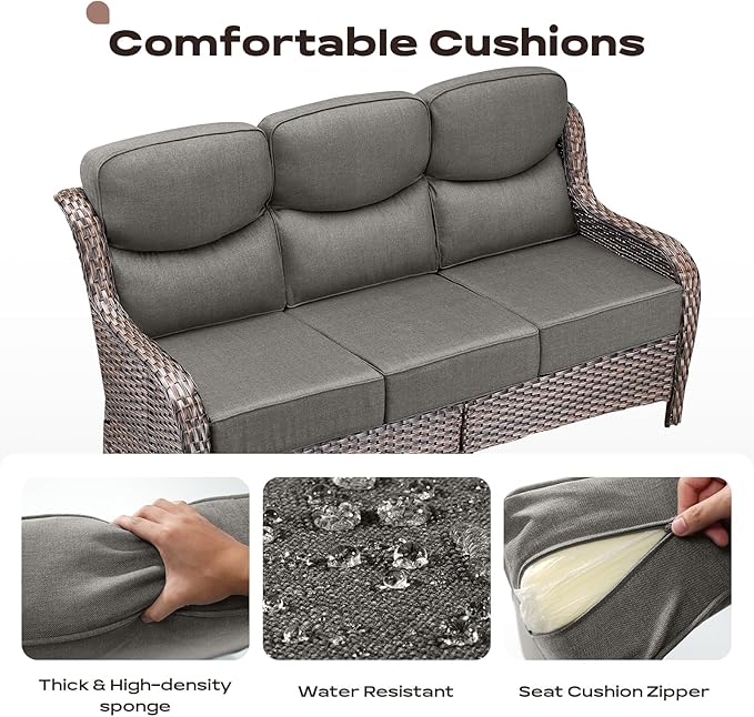 Wicker Outdoor Patio Furniture Set - 5 Piece Patio Conversation Sets with Swivel Rocker Chairs, Ottomans and Sofa, 6 inch Cushions, Waterproof Wicker, for Porch Deck Brown/Grey