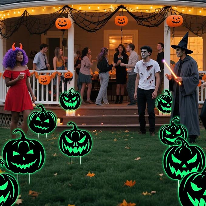 9 Pack Halloween Pumpkin Yard Sign with Stakes Glow in Dark Decorations Outdoor Silhouette Pumpkin Yard Signs Waterproof Outside Patio Lawn Decor for Home Halloween Party