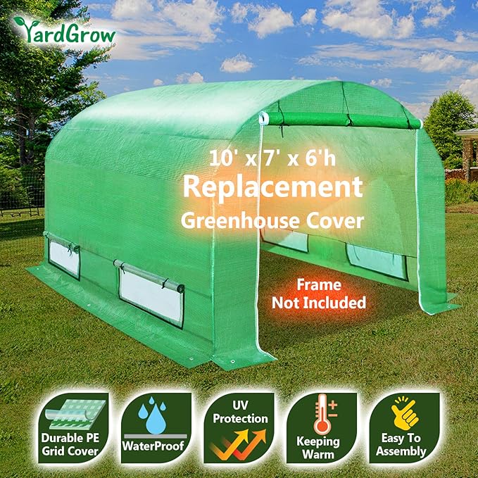 YardGrow Greenhouse Replacement Cover Larger Walk in Outdoor Plant Gardening Greenhouse (Frame Does NOT Included) (Green, 10'x7'x6')