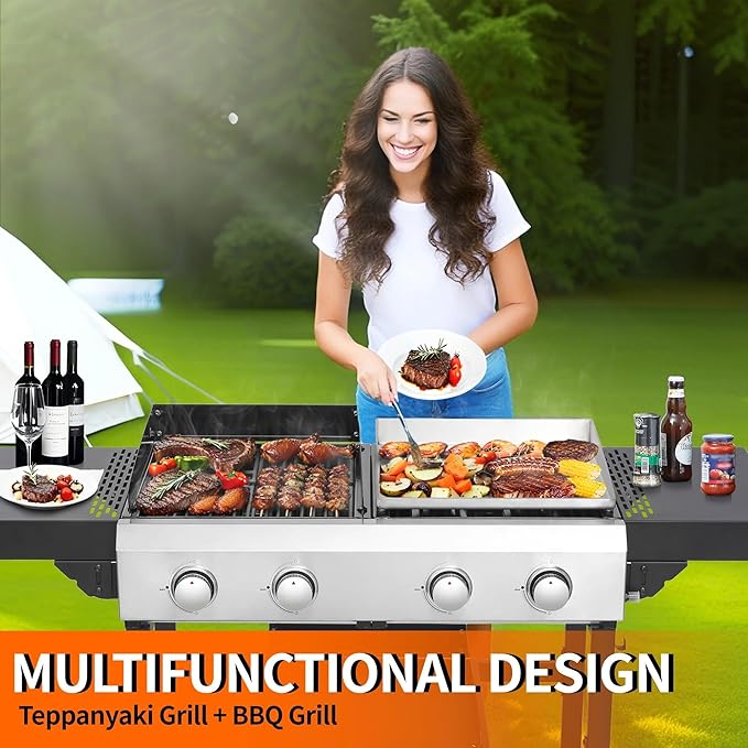 4-Burner Propane Gas Grill and Griddle Combo | 38200BTU Stainless Steel Outdoor BBQ with Side Shelves & Wheels, Cabinet Style Cart (Includes 2 Grill Grates & 2 Flat Top Griddles)