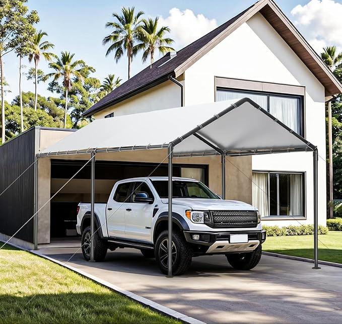 Carport, 10x20ft Heavy Duty Portable Garage, Car Port with Storage Shed, Car Canopy Car Tent with Steel Frame All-Season Tarp for Car, Truck, Boat, Party (B-White)