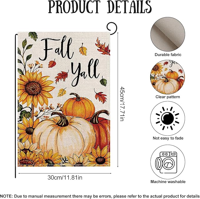 Fall Garden Flag 12 x 18 Inch Double Sided Pumpkin Sunflower Maple Leaves Designs Autumn Burlap Yard Flag for Outside Rustic Yard Outdoor Holiday Home Decoration