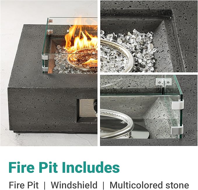 SUNBURY Outdoor Propane Burning Fire Pit, 35 inch Square Patio Fire Table 50,000 BTU Fire Pit for Outside with Waterproof Cover, Light Gray