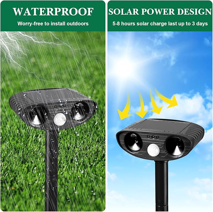 Qualirey 4 Pack Ultrasonic Animal Repellent Outdoor Solar Animal Repeller with Motion Detection Waterproof Deterrent Devices Repel Deer Cat Dog Squirrel Raccoon Skunk Rats for Yard Garden