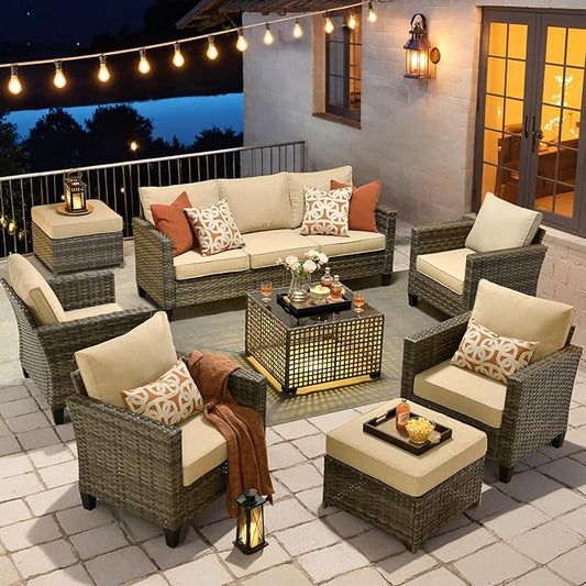 HOOOWOOO Outdoor Patio Furniture Set,8 Pieces Wicker Conversation Set,All Weather Couch Set with Solar Light Table Ottoman Chairs 9 Seaters for Out Door Yard(Beige)