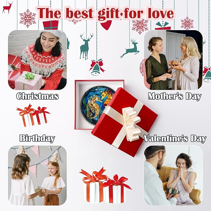 Stained Glass Window Hanging - Blue Ocean Orange Seahorse Suncatcher for Door Terrace Garden Home Decor, Marine Life Sun Catcher Birthday Gifts for Lovers Women Men Dad Mom Nana 15 in