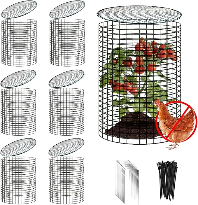 6 Sets of 24'' x 12'' Garden Plant Protectors from Animals with Detachable Covers, Metal Plant Cage Chicken Wire Cloche with Ground Stakes and Nylon Tie, Wire Plant Cage to Keeping Bunny Animals Out