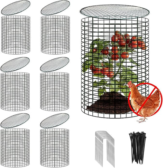 6 Sets of 24'' x 12'' Garden Plant Protectors from Animals with Detachable Covers, Metal Plant Cage Chicken Wire Cloche with Ground Stakes and Nylon Tie, Wire Plant Cage to Keeping Bunny Animals Out