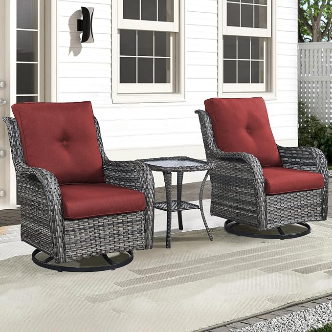 Patio Wicker Chairs Swivel Rocker,3 Pieces Patio Furniture Set with 360 Degree Wicker Swivel Rocking Chairs and Side Table for Garden,Porch,Backyard