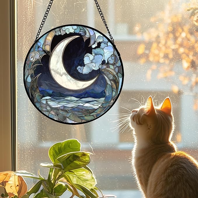 Stained Glass Window Hanging - Abstract Sea of Clouds Moon Sun Catcher for Door Terrace Garden Home Decor, Gray Blue Suncatcher Birthday Gifts for Lovers Women Men Dad Mom Nana 7.8 in