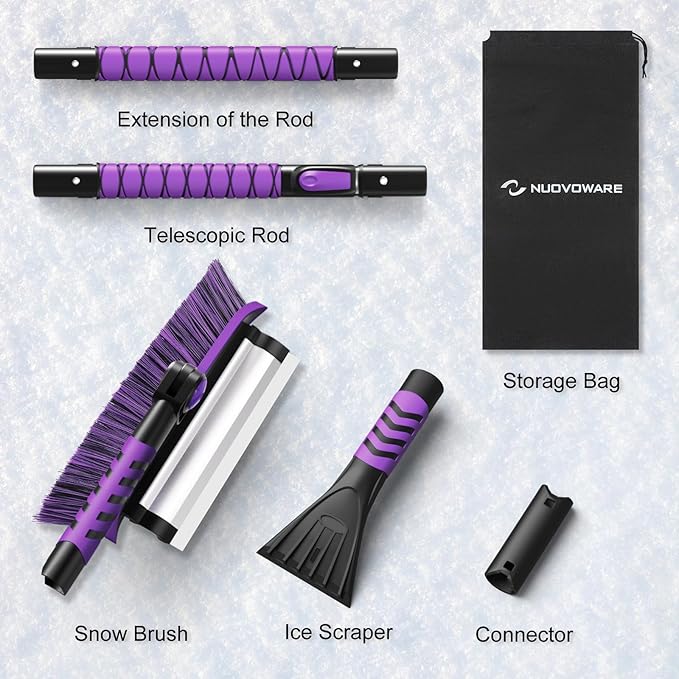 Nuovoware 60" Ice Scraper and Extendable Snow Brush for Car Windshield, 5 in 1 Adjustable Snow Removal Tools with 270° Pivoting Brush Head for Car Auto Truck SUV, Purple