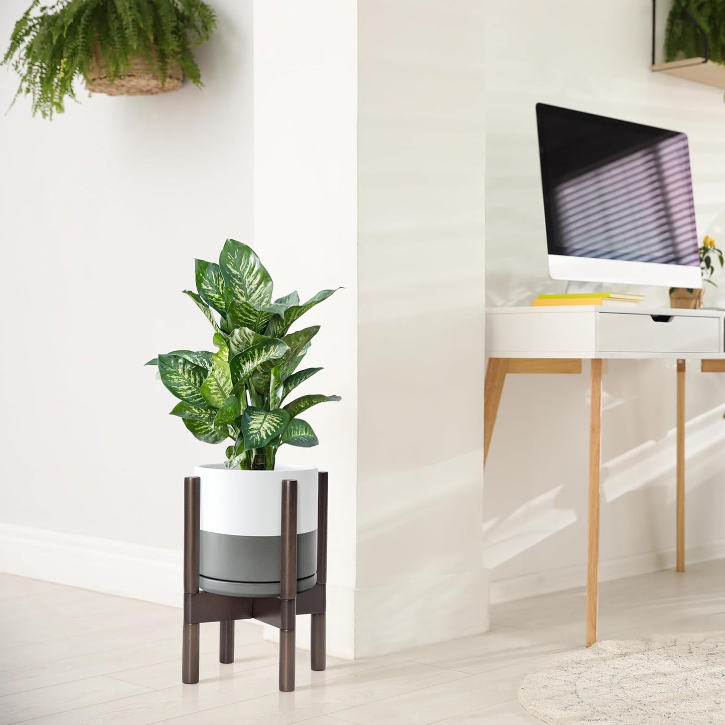 D'vine Dev Ceramic Planter with Walnut Color Stand - 8 Inch Modern Round Flower Pot with Wood Planter Holder, White/Grey, 55-B-Y-6