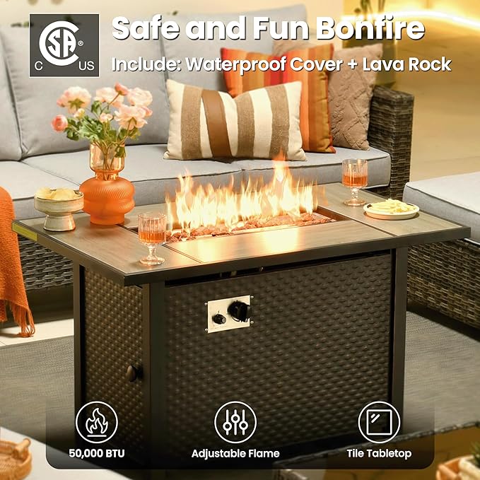 ovios 7 Pieces Patio Furniture Set with 42" Fire Pit Table, Outdoor Sofa Couch with Solar Lights Table Comfy Cushions, Modern Deep Seat Wicker Rattan Conversation Set, Grey