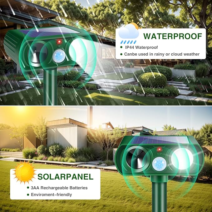2Pack Solar Ultrasonic Animal Repellent Outdoor Deer Repellent Devices with Motion Detection&Flash Light Squirrel Cat Raccoon Rabbit Dog Deterrent,Keep Rodent Chipmunk Squirrel Away for Yard Garden